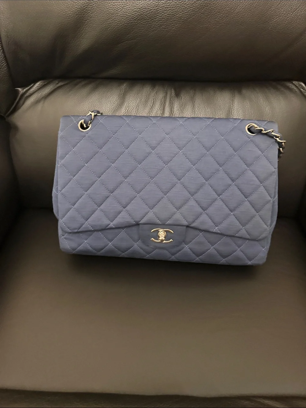 Chanel blue jersey single jumbo flap bag